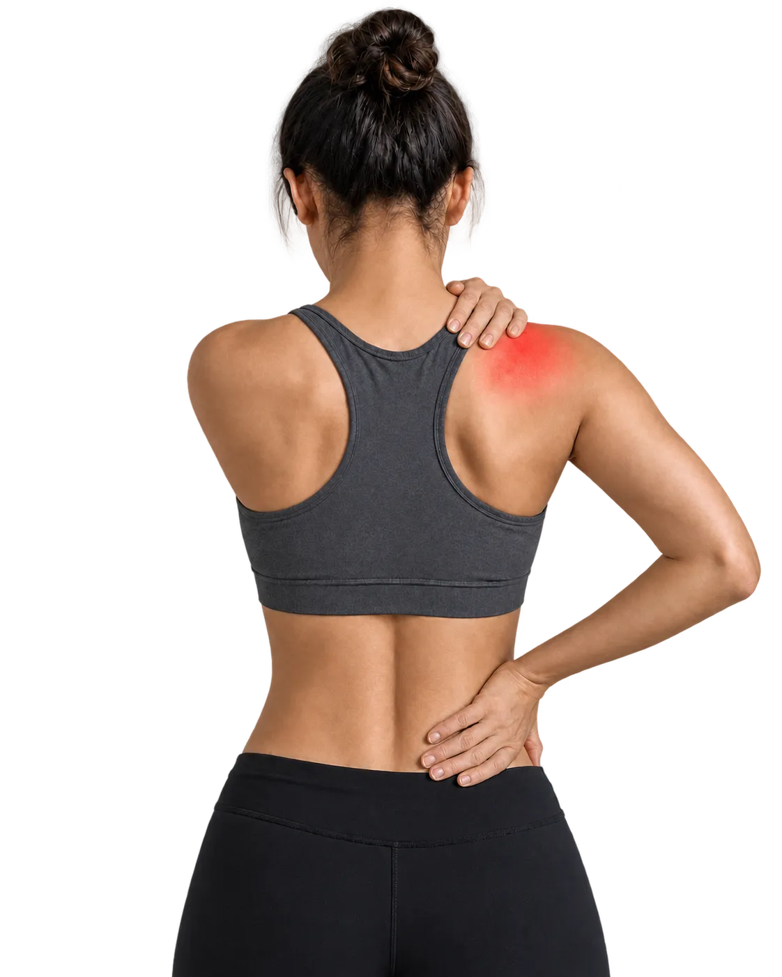 Person holding a sore neck and shoulder, a common spot for a pain relief patch
